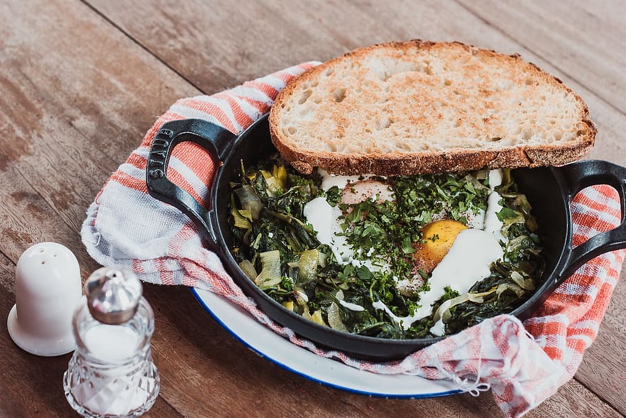 Cooked breakfast, bread, cloth, egg, eggs, herbs, morning, pan HD wallpaper