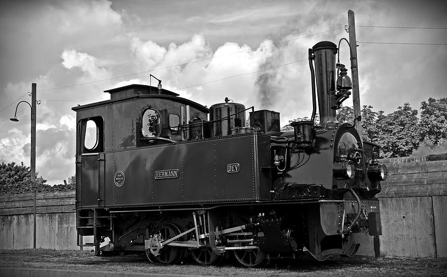 Steam Locomotive, black-and-white, carriage, coal, engine, hermann HD wallpaper