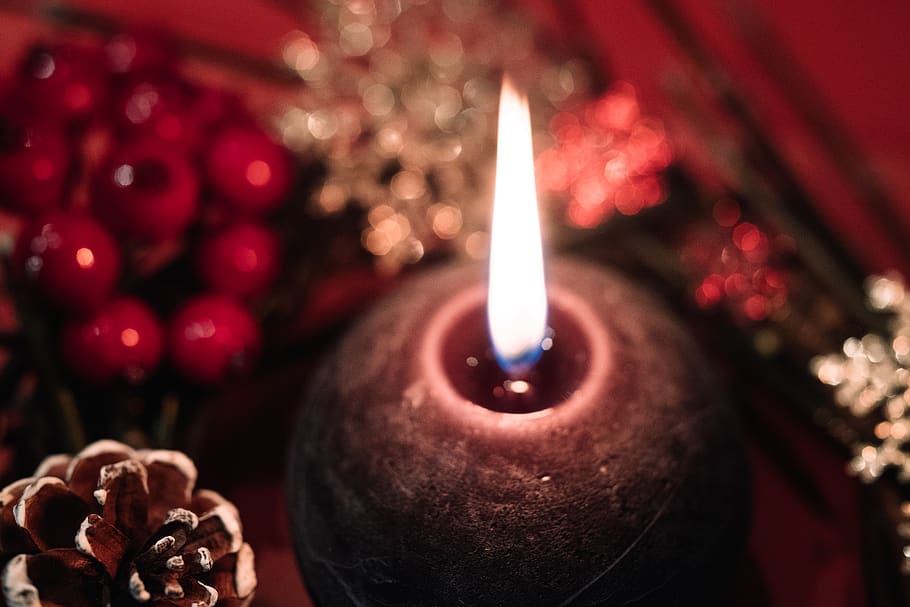 Lighted Black Round Candle, blurred background, burn, burnt, candlelight HD wallpaper