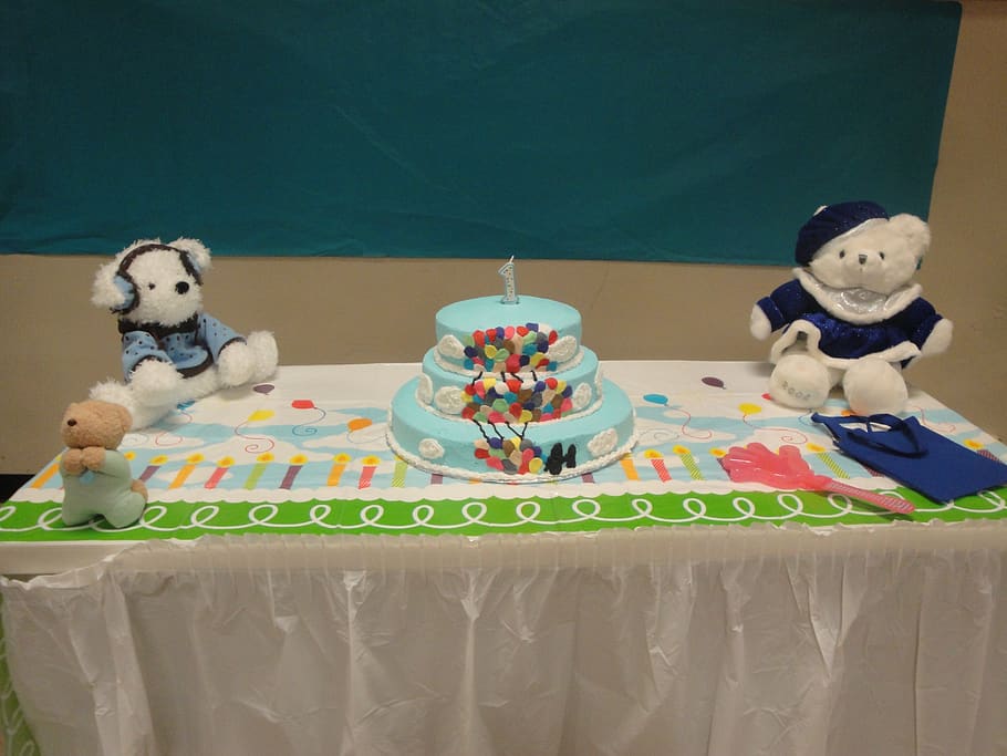 birthday, party, celebration, cake, blue, white, balloons, plush toys, HD wallpaper