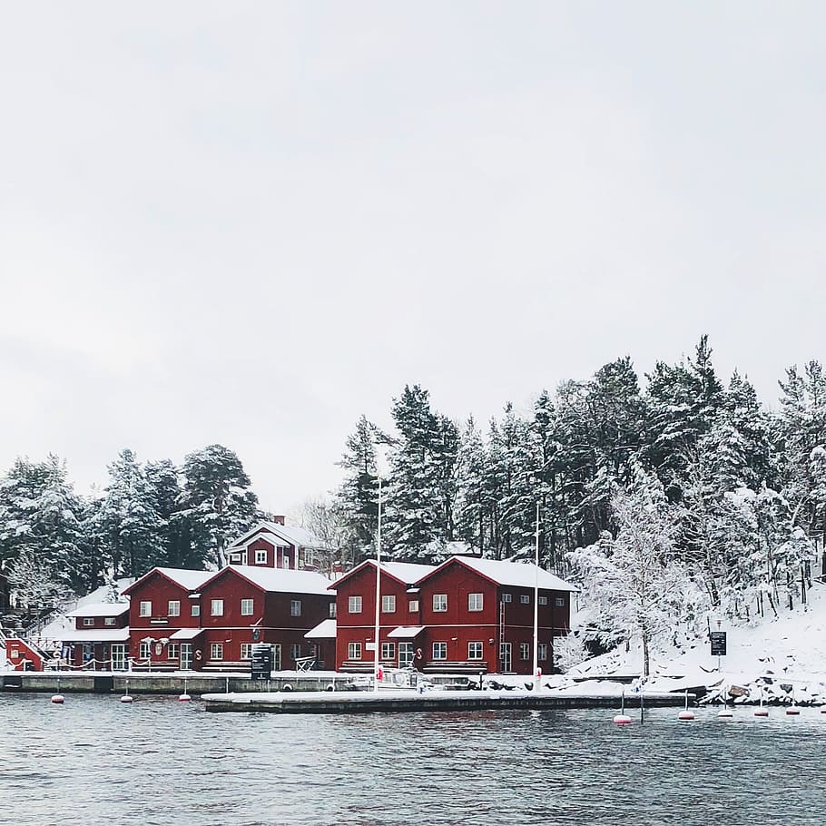Red Concrete Houses Surrounded With Snow, architecture, buildings HD wallpaper