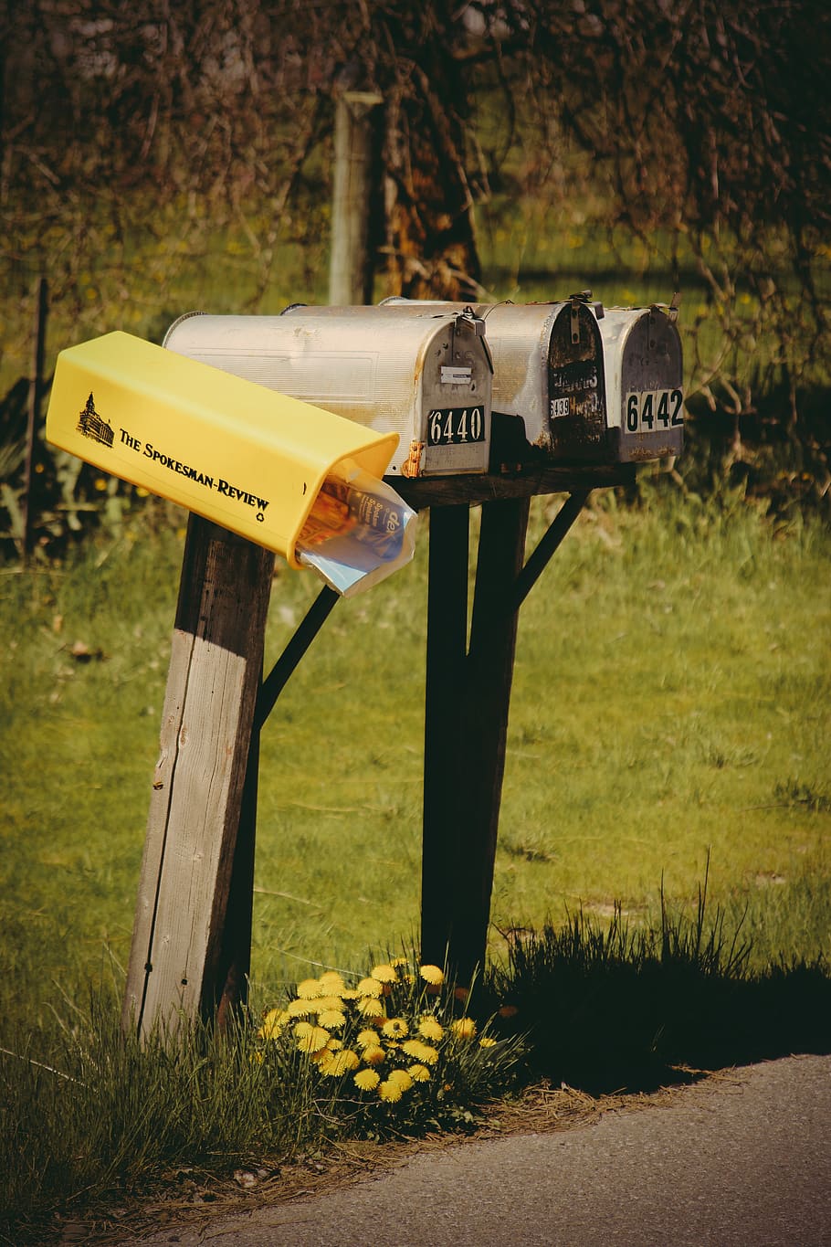 four gray mail boxes, communication, text, land, field, plant HD wallpaper