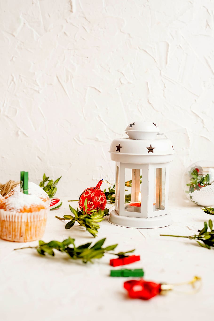 white candle lantern surrounded by leaves, food and drink, table HD wallpaper