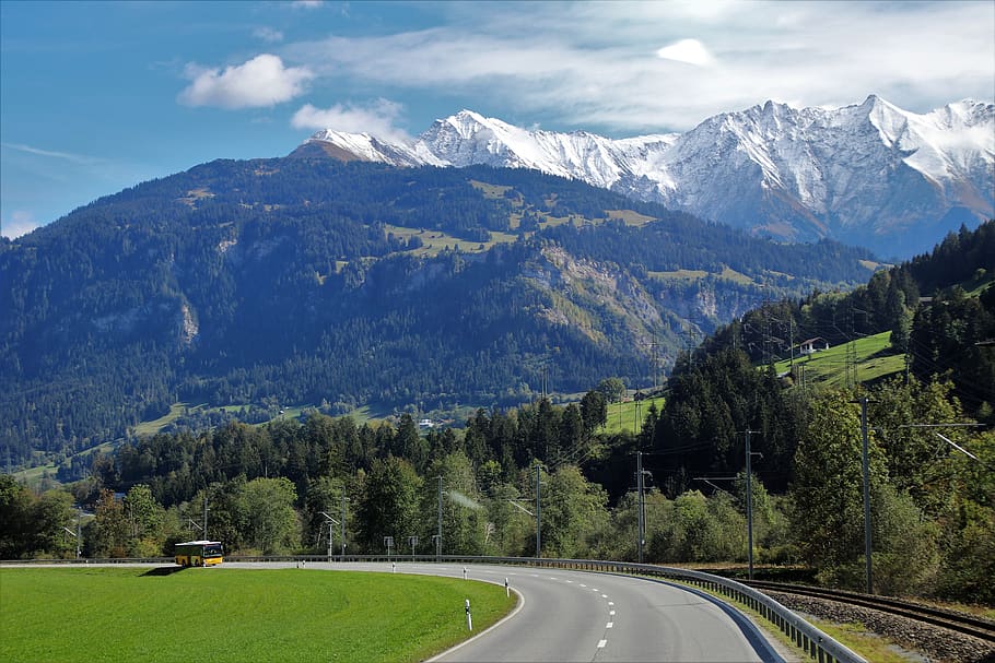 tops, mountains, first snow, pull station, the alps, bus, overlap HD wallpaper