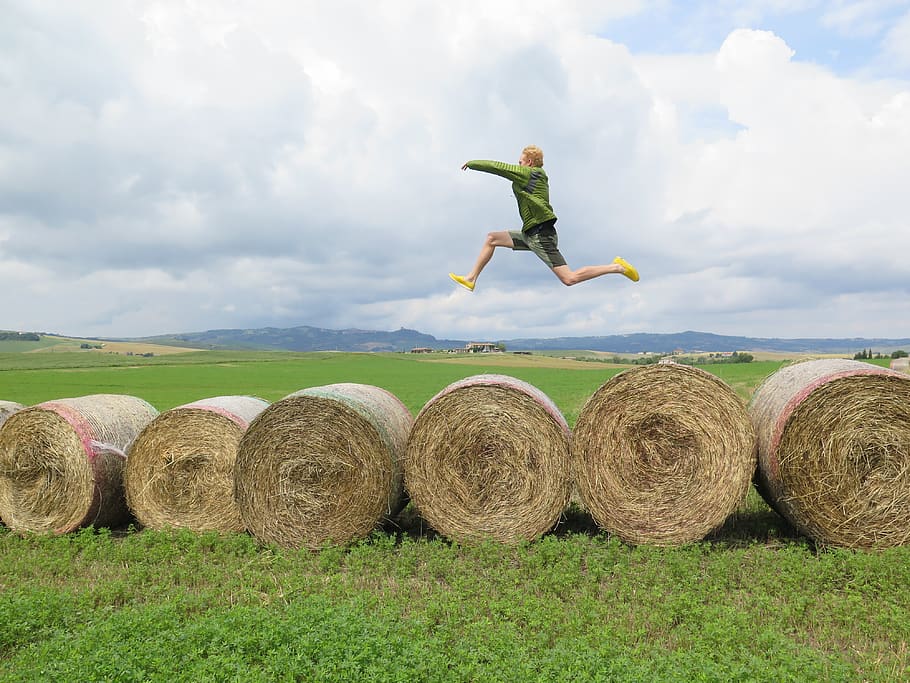 tuscany, italy, land, cloud - sky, field, plant, bale, hay HD wallpaper