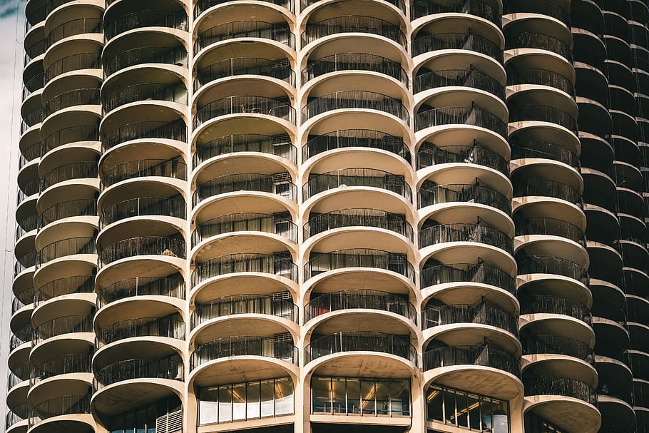 brown concrete building, furniture, chair, housing, condo, high rise HD wallpaper