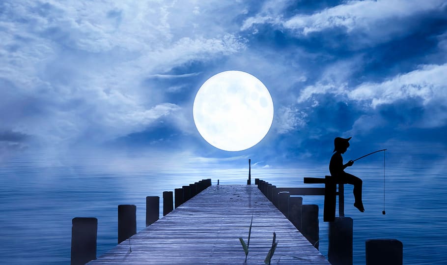 fisherman, moon, sea, falling, fishing, night, water, beautiful, HD wallpaper