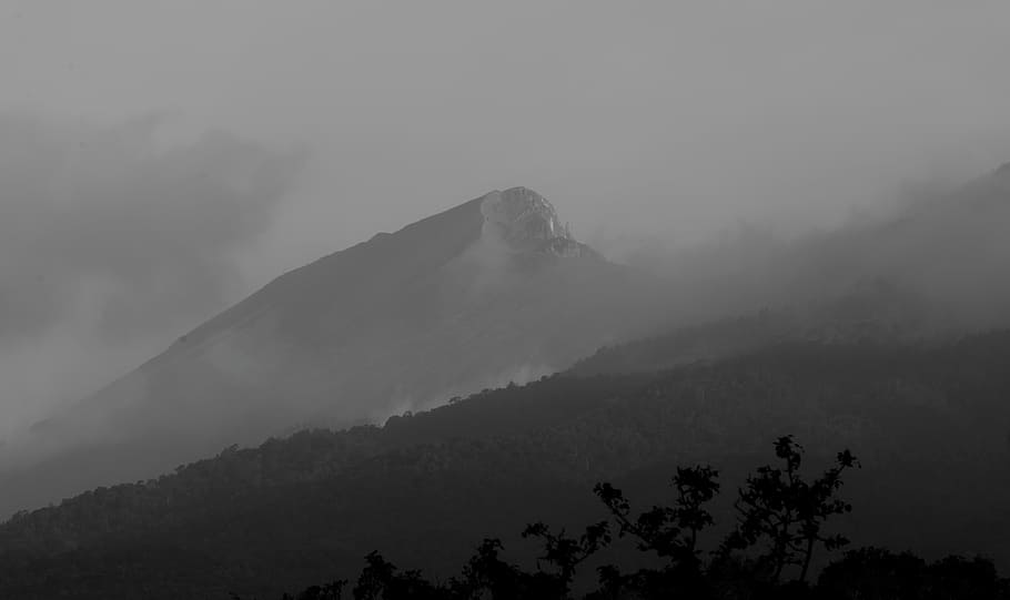mountain, cloud, black and white, fog, mist, morning, hill, HD wallpaper