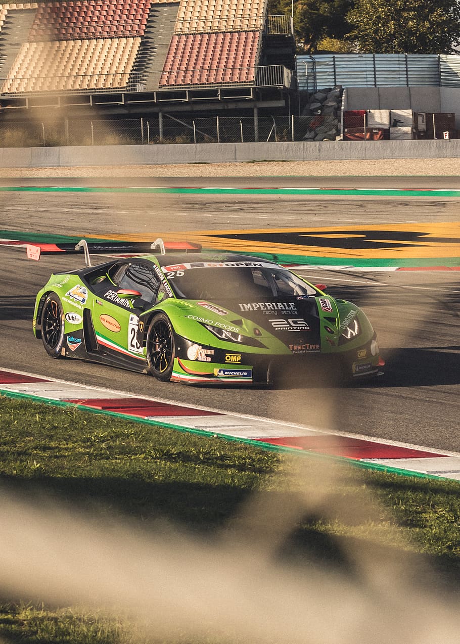 green and black Lamborghini race car on track during daytime, HD wallpaper