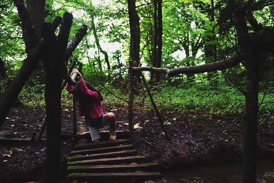 Girl in Pink Jacket on Wooden Bridge in the Forest, accident HD wallpaper