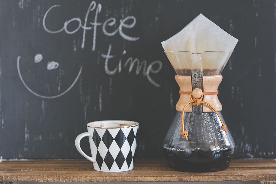 Coffee time sentence, cup of coffee and Chemex, drink, mug, blackboard, HD wallpaper