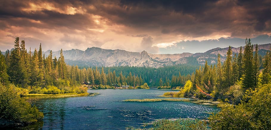 sky, clouds, mountains, hills, trees, lake, water, nature, rocks HD wallpaper