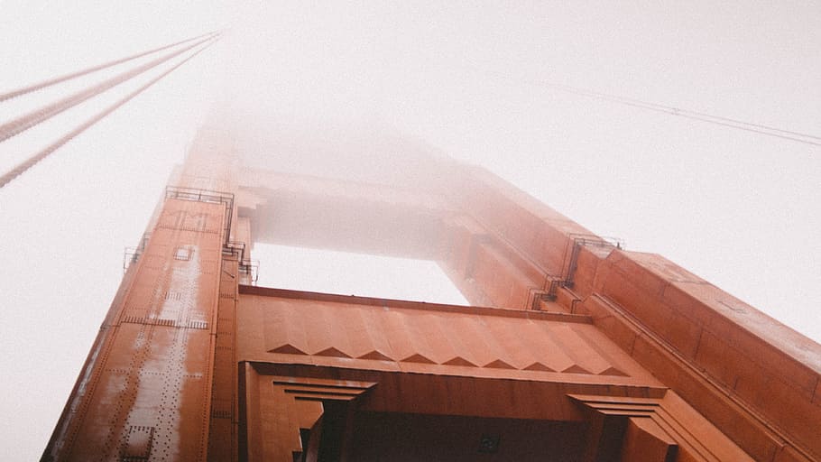 architectural photography of brown steel bridge suspension, mist HD wallpaper