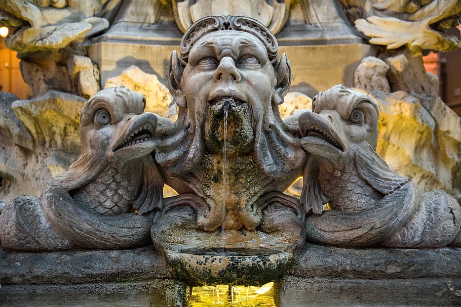 fountain, water, sculpture, jet, fish, pantheon, piazza della rotonda HD wallpaper