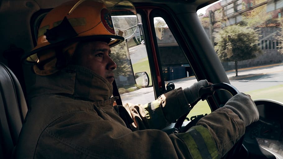 fire, fighter, fire fighter, panic, hero, drive, man, man driving HD wallpaper