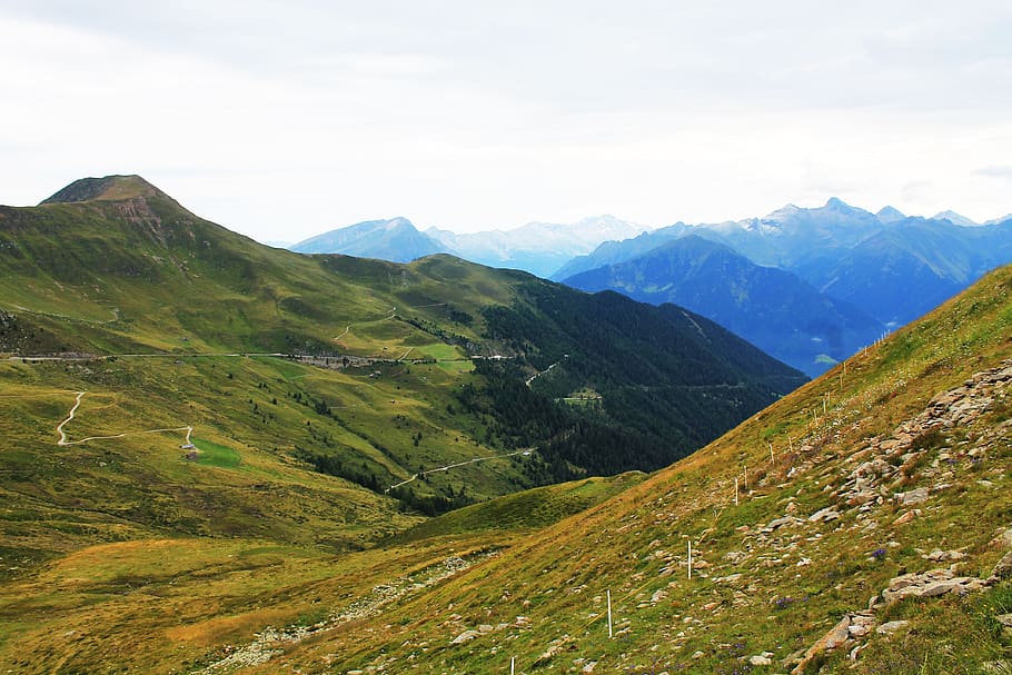 mountains, natural, green, landscape, outdoor, sky, scenic HD wallpaper