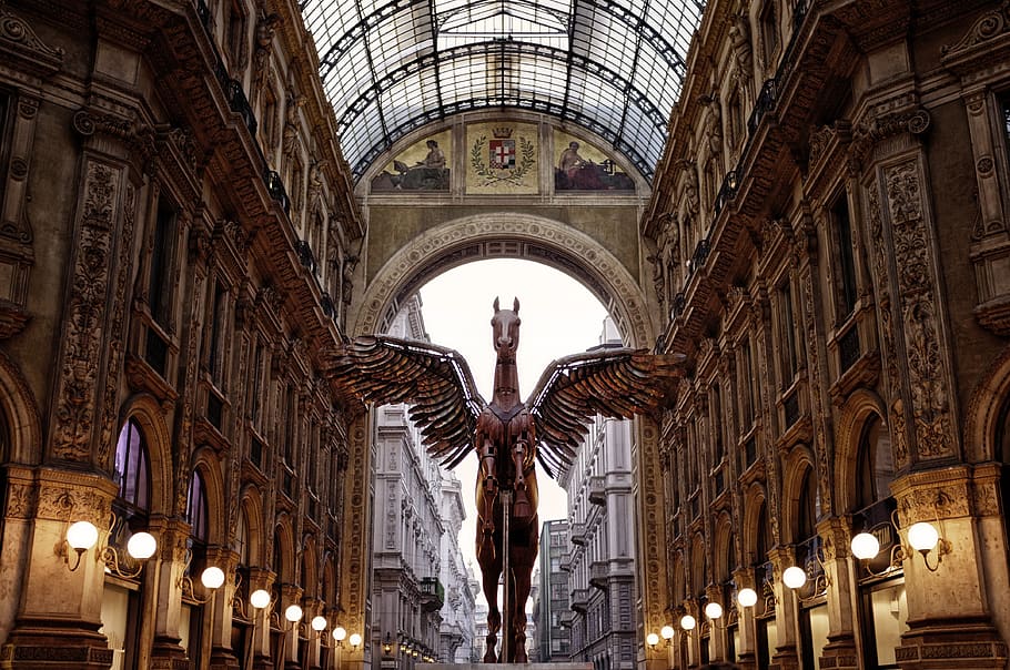 Brown Horse Statue, architecture, buildings, gothic, hallway HD wallpaper