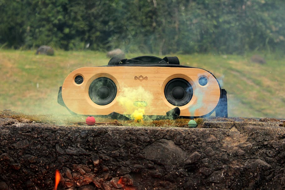 red, blue, yellow, fireworks, marley speaker, smoke, trees HD wallpaper
