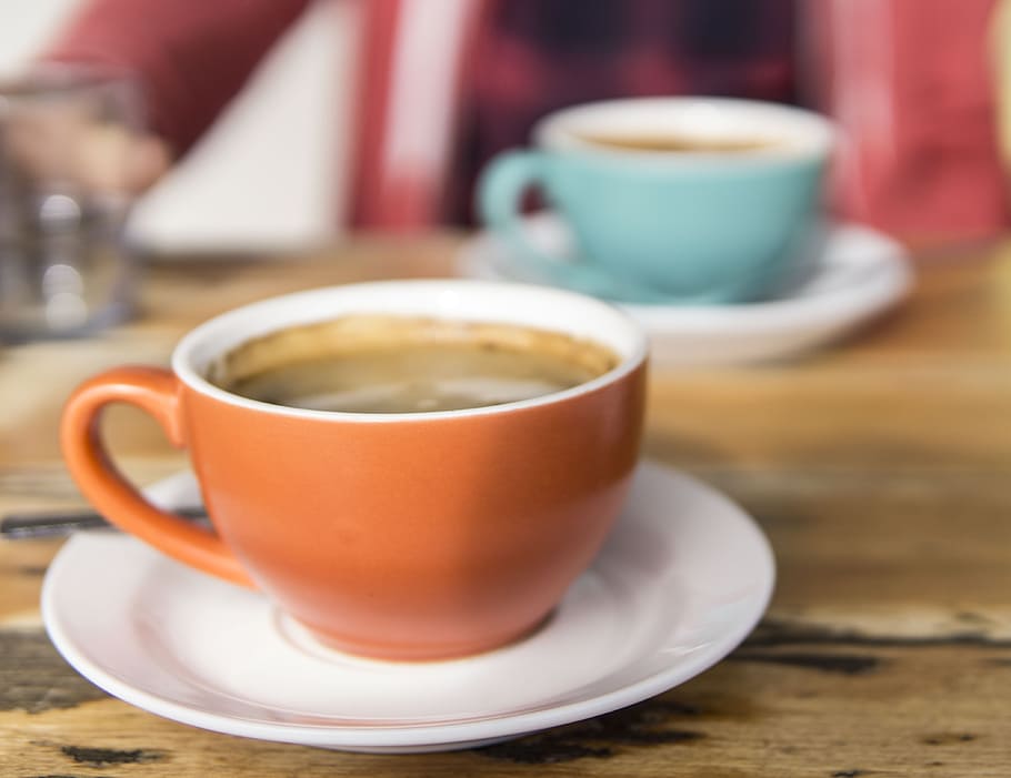Shallow Focus Photo of Orange Ceramic Mug on White Saucer, beverage HD wallpaper