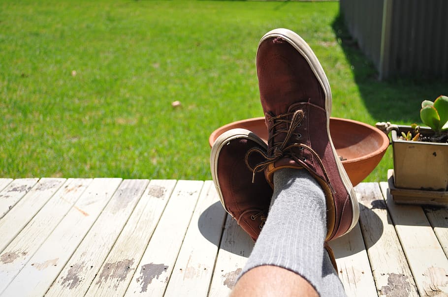 grass, shoes, socks, plants, relaxing, wood, deck, flower pot HD wallpaper