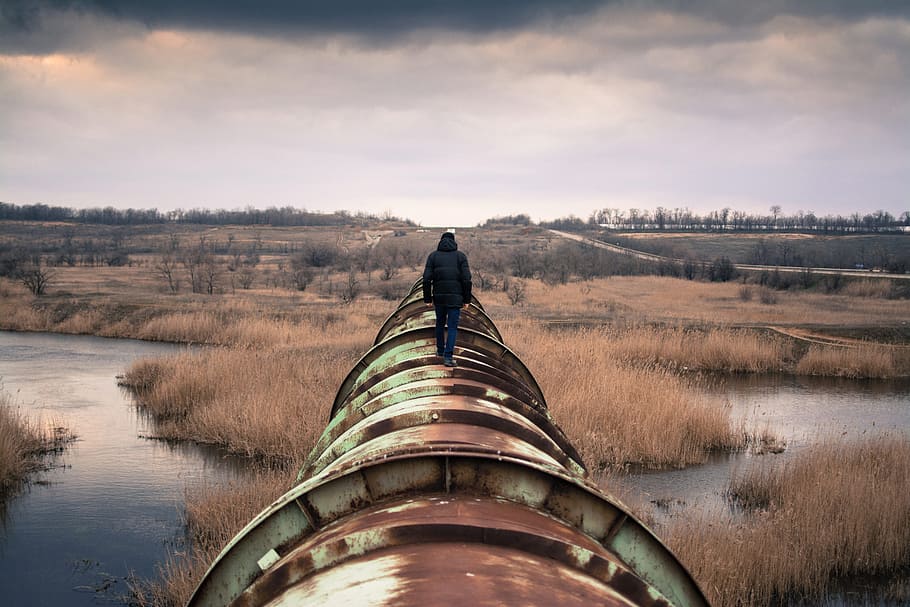 pipe, pipeline, people, man, guy, walking, rural, river, water HD wallpaper