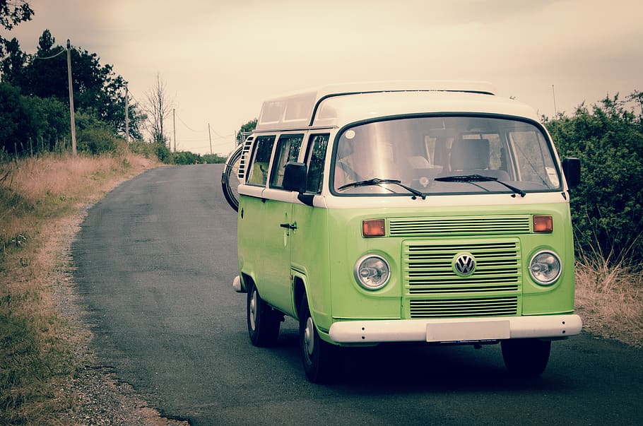 Green and White Volkswagen Combi, asphalt, auto, automobile, camper, HD wallpaper