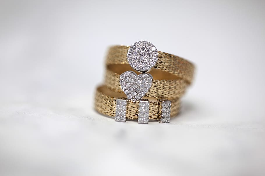 three gold-colored studded rings, jewelry, accessory, accessories HD wallpaper