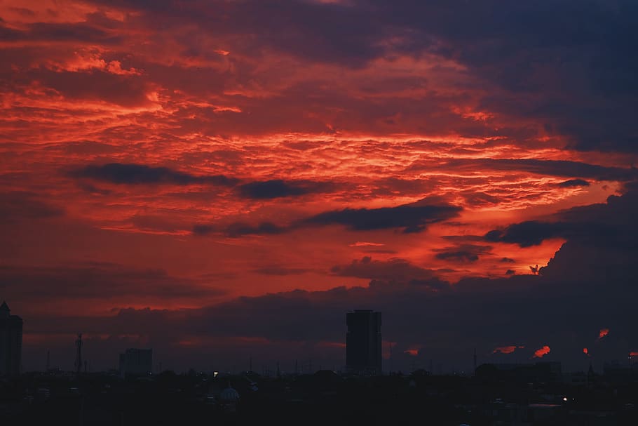 sky, sunset, sunrise, red, orange, cloud, town, city, x-a2 HD wallpaper