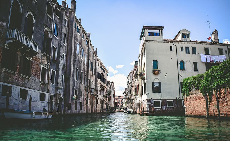 sky, clouds, building, structure, river, water, wall, boat HD wallpaper