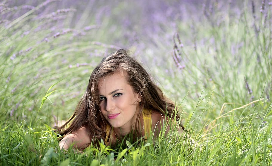 Beautiful Woman on Grass, model, nature, person, plant, portrait HD wallpaper