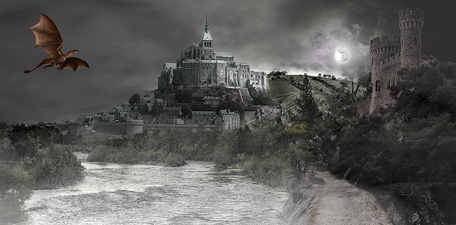 fantasy, composite, dragon, castle, moon, river, architecture HD wallpaper