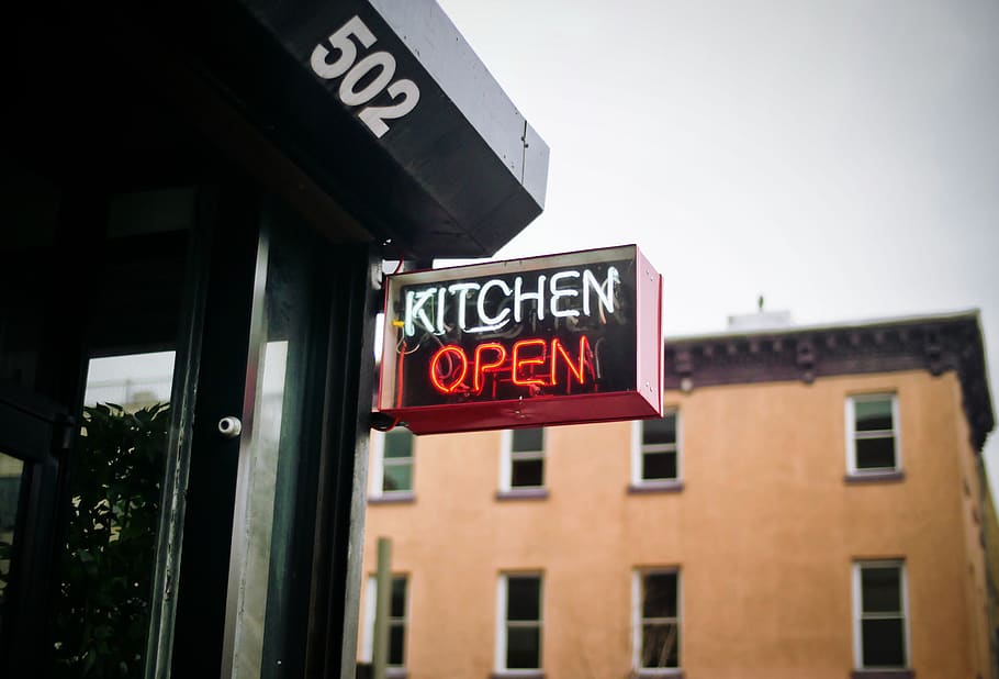 kitchen, open, sign, restaurant, food, dine, text, architecture HD wallpaper