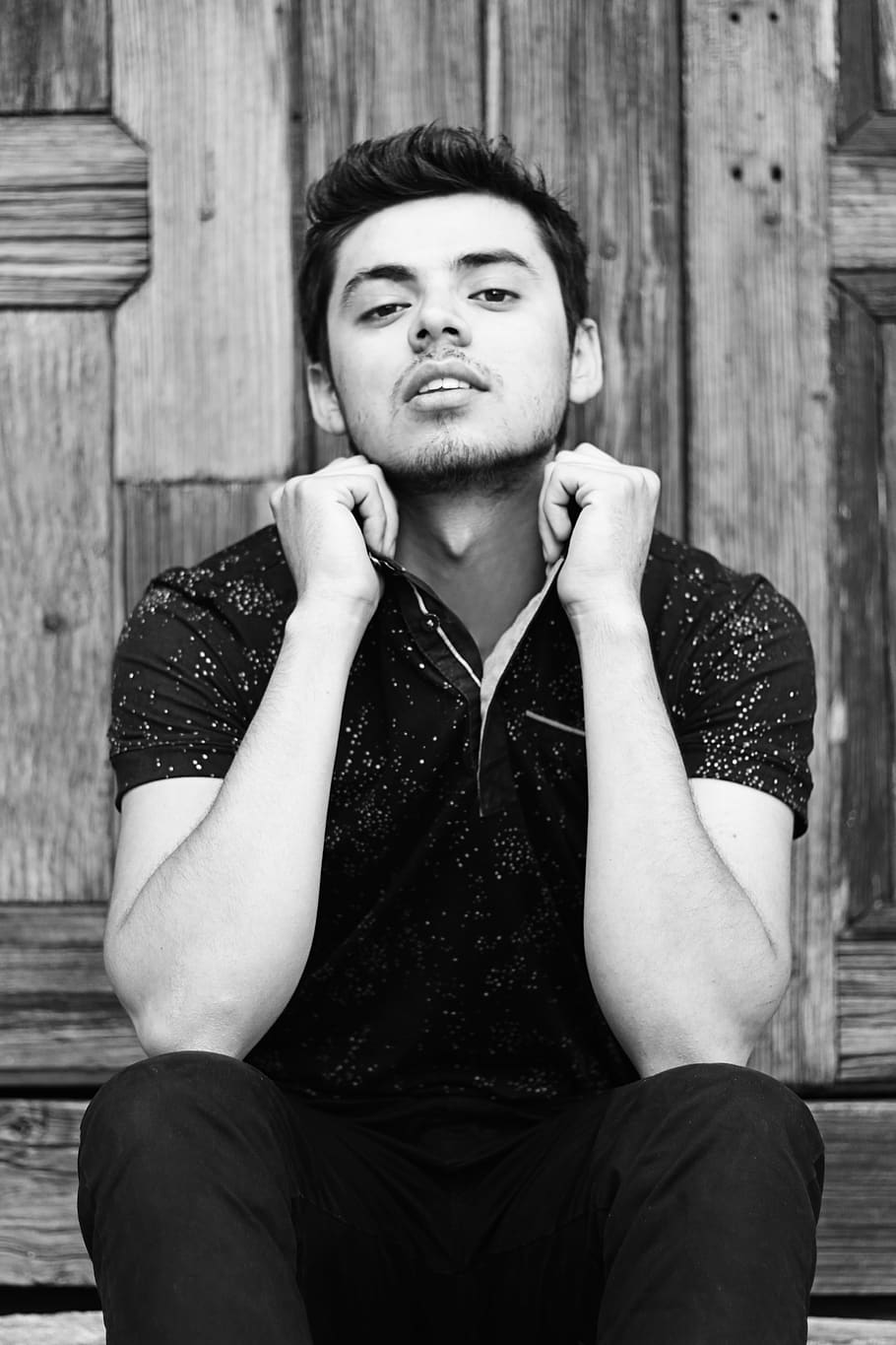 guy, handsome, black and white, one person, front view, sitting HD wallpaper