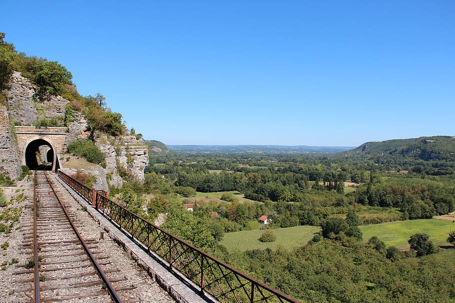 rail, tunnel, landscape, sky, plant, clear sky, tree, nature HD wallpaper
