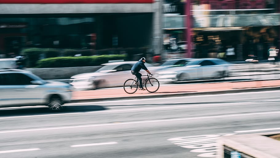 guy, man, male, people, ride, bicycle, panning, traffic, roads HD wallpaper