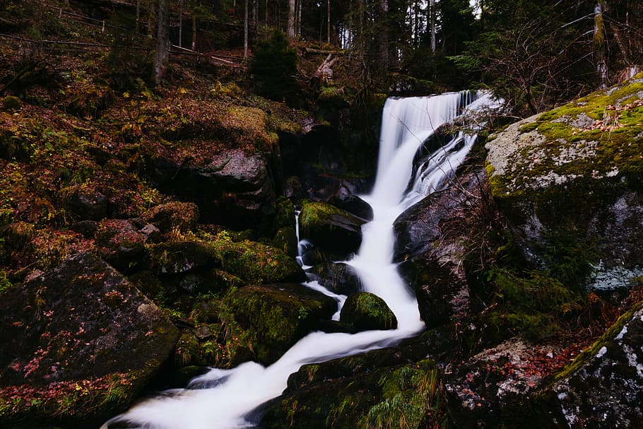 waterfall, river, stream, rocks, moss, woods, forest, nature HD wallpaper