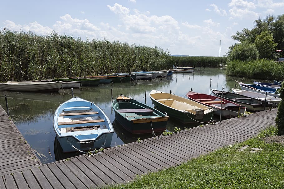 port, boat, pier, ship, lake, reed, nature, water, summer, hobby HD wallpaper
