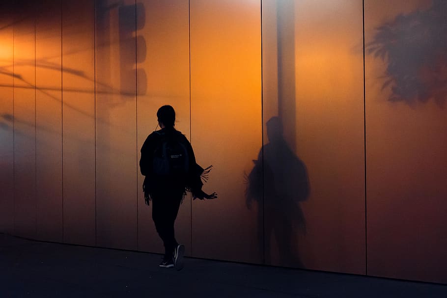woman walking beside wall, human, person, silhouette, flooring HD wallpaper