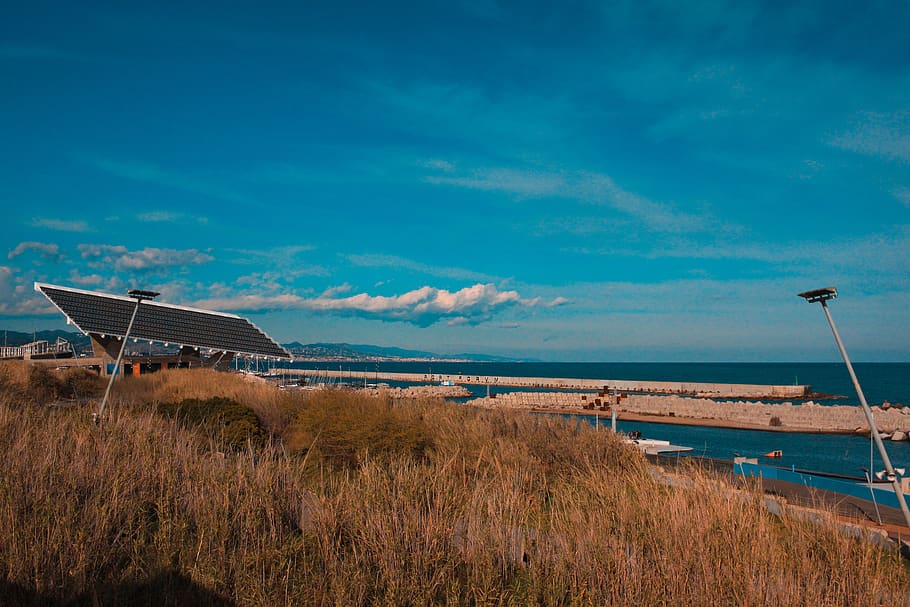 sky, blue, clouds, plants, sea, beach, barcelona, spain, cloud - sky HD wallpaper
