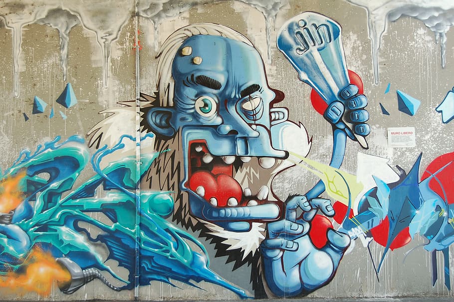 A freaky blue guy holding ice cream, painted on a wall mural., HD wallpaper