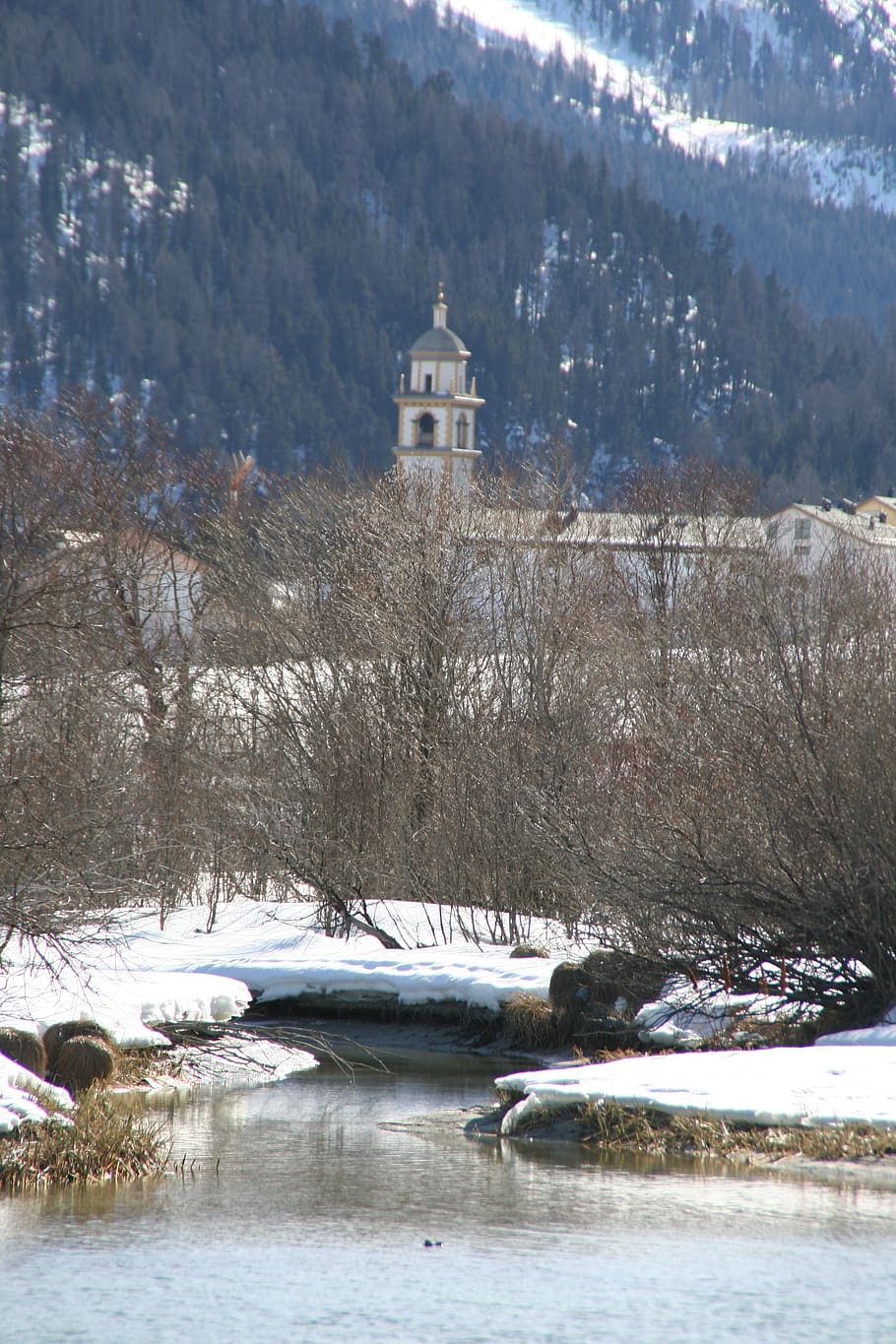 winter, church, river, cold temperature, snow, tree, water HD wallpaper