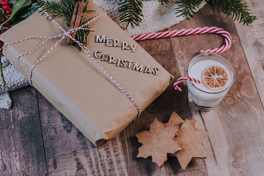 Glass of Milk Near Christmas Present, advent, bow, candy cane HD wallpaper