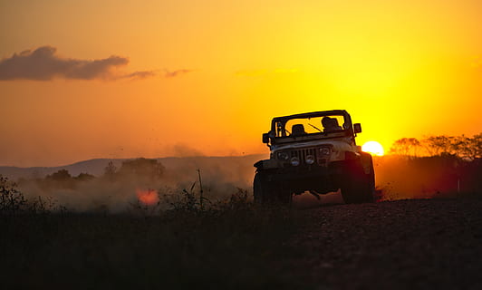 jeep, drifting, dust, sunset, dusk, motor sport, off road, summer HD wallpaper