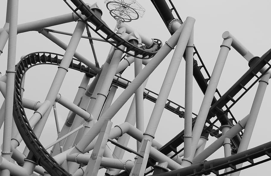 roller coaster, low angle view, metal, no people, amusement park HD wallpaper