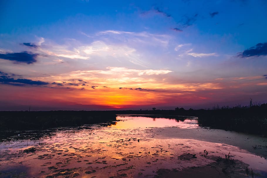 sunset, dusk, sky, river, water, landscape, nature, clouds HD wallpaper