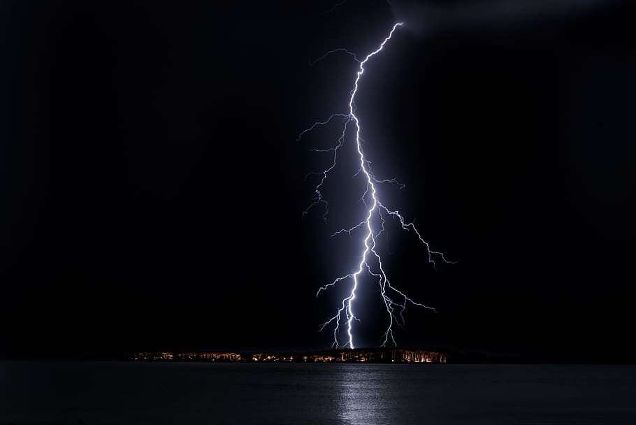 Lightning Strike on City, danger, dark, evening, flash, insubstantial