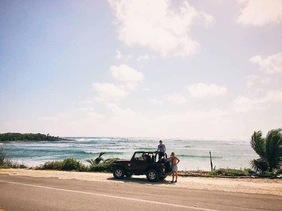 sea, clouds, nature, trees, jeep, adventure, trip, travel, people HD wallpaper