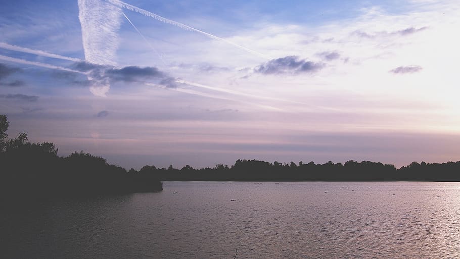sunset, dusk, silhouette, shadows, lake, water, trees, sky HD wallpaper