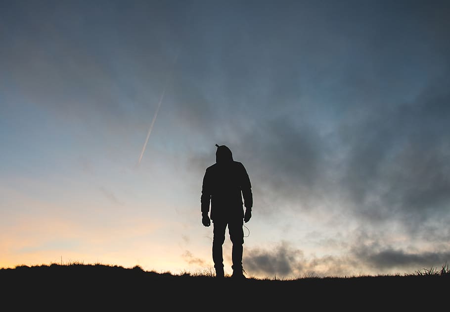 silhouette of person across clouds, human, nature, outdoors, adventure