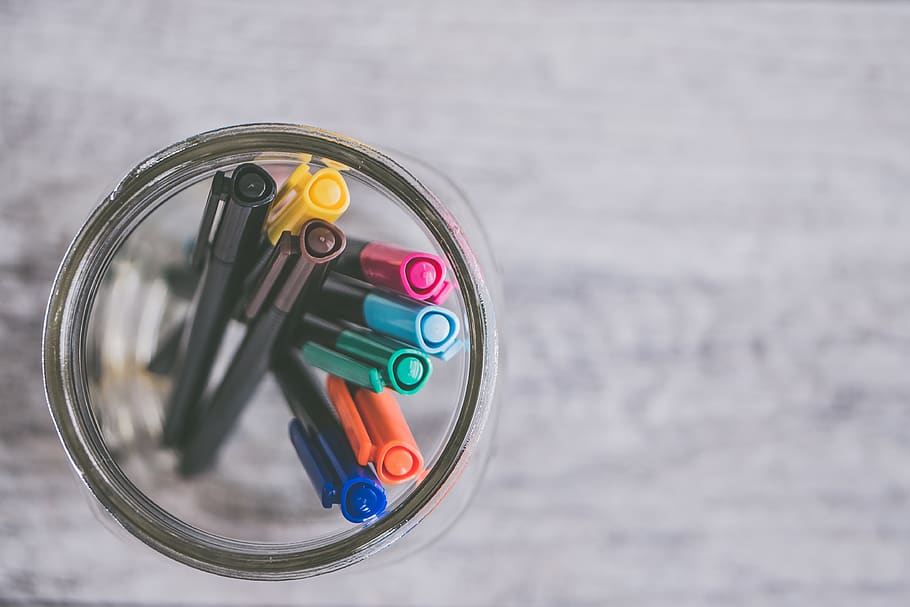 Assorted-color Pens, background, blur, bright, close-up, colored pens HD wallpaper